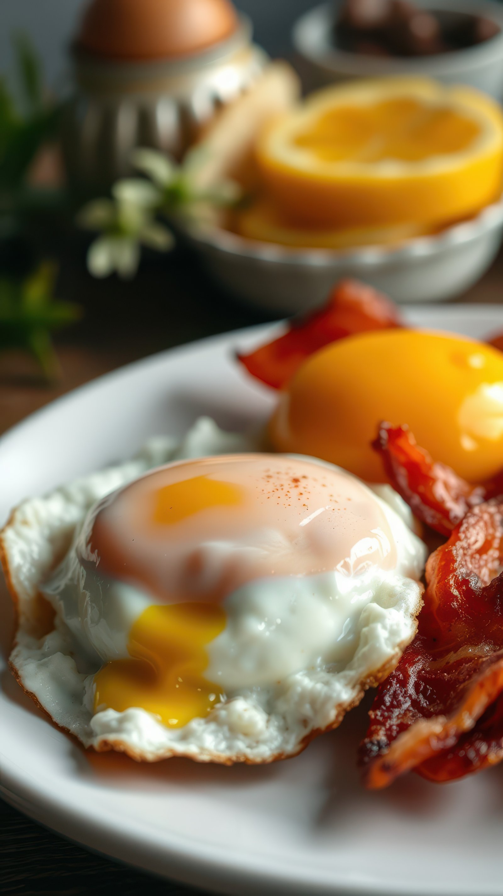 Delicious breakfast featuring fresh fried eggs and crispy bacon with vibrant lemon slices in the background